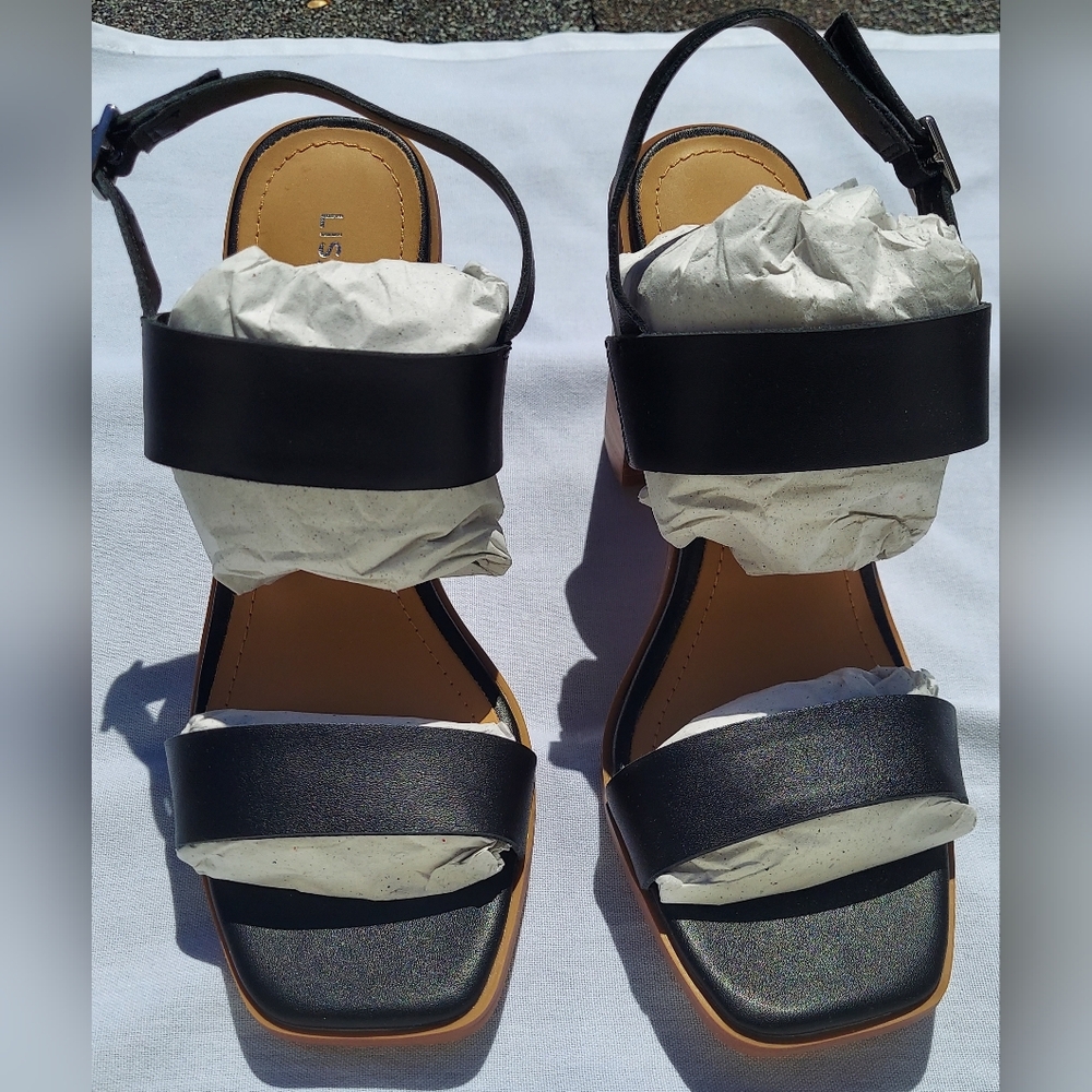 Lisa Vicky Black Leather Strappy Sandals with Wooden Block Heel Women's Size 6 - Picture 8 of 9